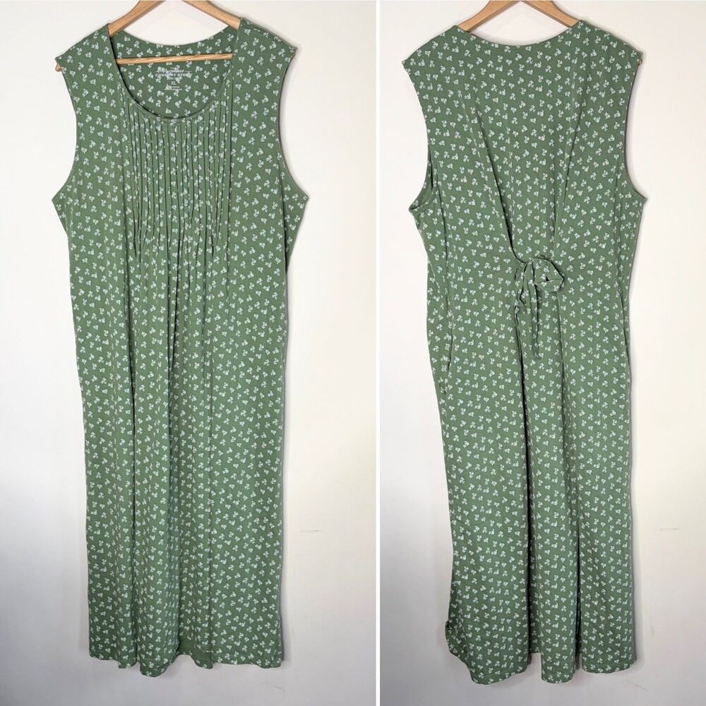 The Vermont Country Store Dress Floral Cotton Knit Jumper Green Pintuck XL